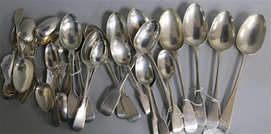 A set of six Victorian silver dessert spoons, George Adams, London, 1864 and sundry other silver flatware, 33.5 oz.